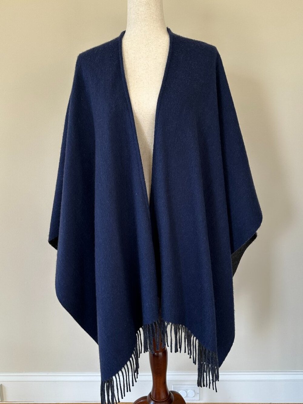 Rag & Bone Navy Wool Blend Fringe Wrap Poncho One Size